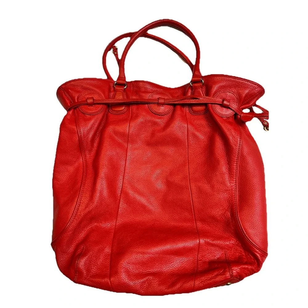 Isaac Mizrahi Live! Red Pebbled Leather Large Tote Hobo Bag Drawstring Gold Feet